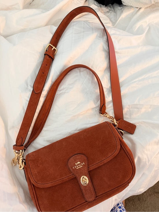 Coach Handbags - Coach Suede Turnlock Shoulder Bag in Chestnut Brown